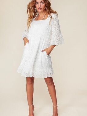 SugarFox White Lace Bell-Sleeve Midi Dress Small Boho Flowy Bell Sleeve Pockets
